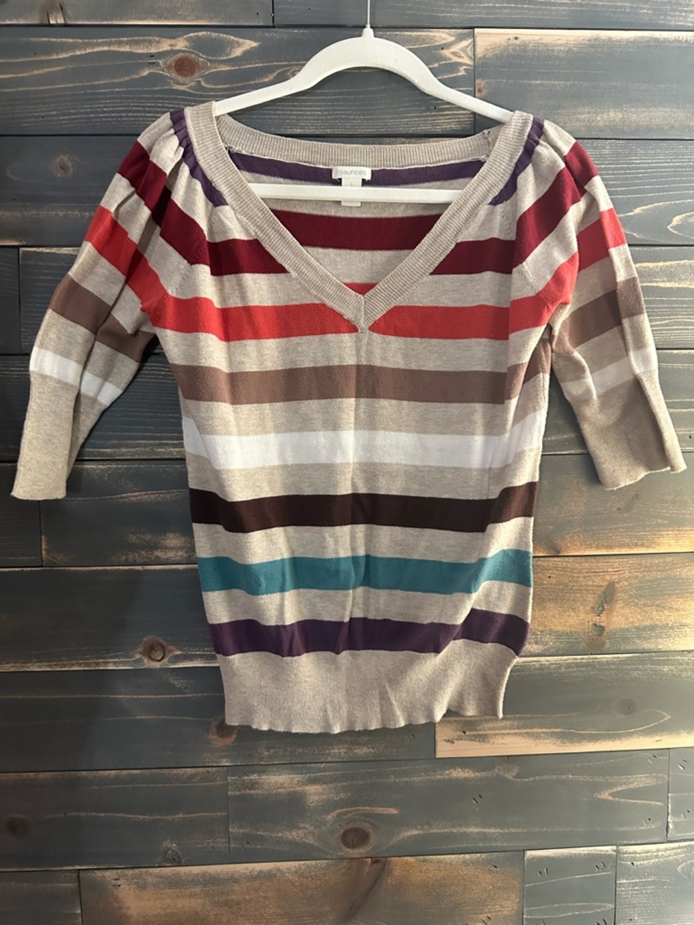 Maurices Striped V-Neck Sweater in Red, Teal, Purple, Brown, Cream